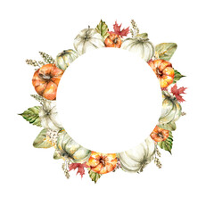 Hand painted watercolor autumn frame with  pumpkins, yellow leaves, red flowers, berries, branches, apples. Set perfect for fabric textile, vintage paper, wedding invitation or scrapbooking