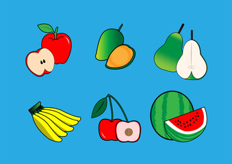 Fruits Vector. Banana, apple, mango, pear, cherry, watermelon Flat vector cartoon isolated on blue background.