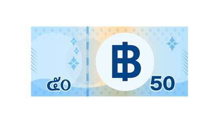 50 baht banknote money thai isolated on white, thai currency fifty  THB, money thailand baht for flat icon style, illustration paper money blue with B symbol graphic