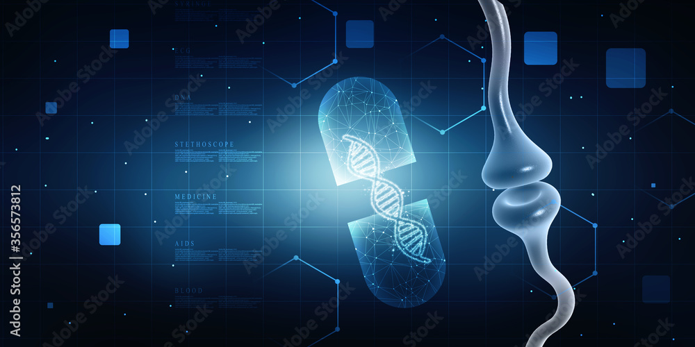 Poster synapse and neuron cells sending electrical chemical signals. 3d rendering