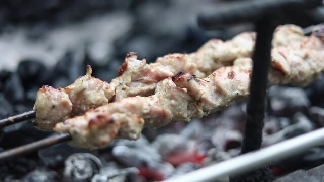 Roasting cooking chicken malai tikka on an Indian charcoal grill at a street food restaurant.