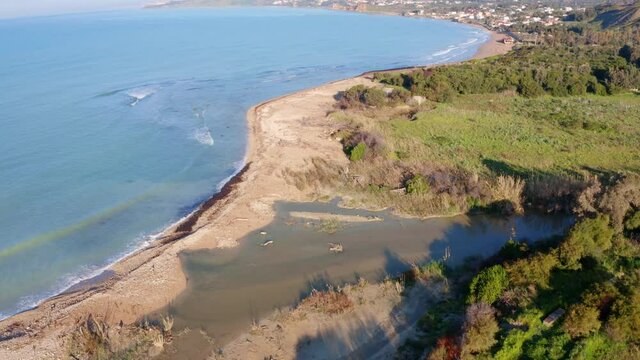4K aerial - a bird's eye view&nbsp;video (Ultra High Definition). Sunny morning view of Sciacca town, province of Agrigento, Sicily, Italy, Europe. Superb spring seascape of Mediterranean sea.