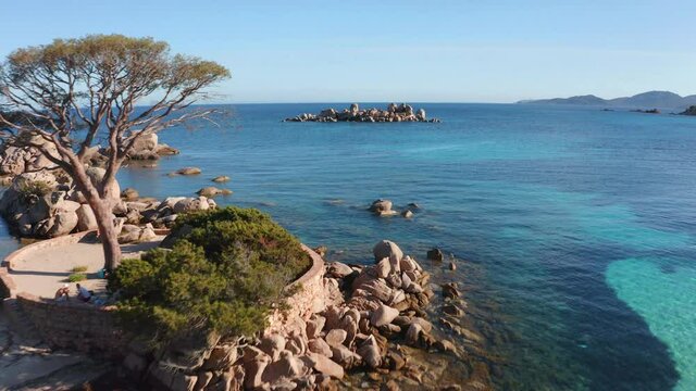 4k drone forward video (Ultra High Definition). Stunning spring view of Tamaricciu beach. Aerial morning scene of Corsica island, France, Europe. Impressive Mediterranean seascape.
