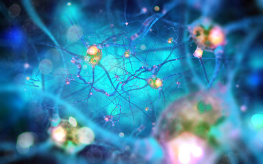 Neurons and nervous system. 3d render of nerve cells - obrazy, fototapety, plakaty