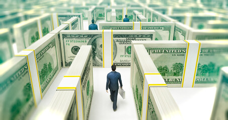 Businessman in Financial Maze Labyrinth made of 100 usd banknotes. (3D illustration)