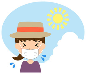 炎天下の暑さに苦しむマスクをした女性