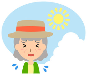 炎天下の暑さに苦しむ高齢の女性
