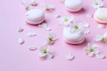 Pink marshmallows and flowers on a pink pastel background. Close-up.