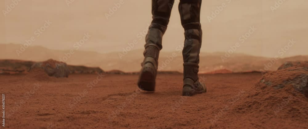 Wall mural cu astronaut walking towards a cliff while exploring mars planet surface. colonization concept. shot