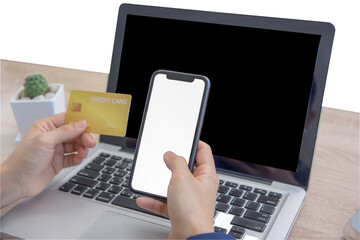 woman hands holding a smartphone and mock up credit card.