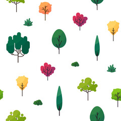 Vector seamless pattern with various trees and bushes, different shapes, colors and sizes on white background.