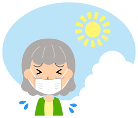 炎天下の暑さに苦しむマスクをした高齢の女性