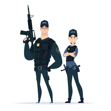Police swat officer couple in the uniform standing together. Public safety officers in armor. Guardians of law.