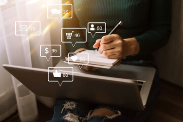 Social media and Marketing virtual icons screen concept.close up of businesswoman typing keyboard with laptop computer 
