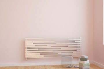 modern room with heating battery,boxes and furniture interior design. 3D illustration