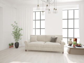 modern room with sofa,pillows,table,vase,plants and curtains interior design. 3D illustration