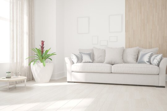 modern room with sofa,pillows,curtains,table and plants interior design. 3D illustration