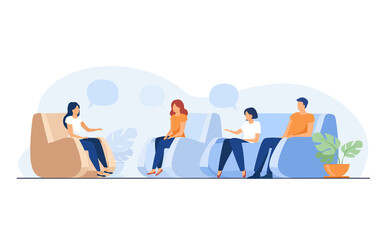 Group therapy and support concept. People meeting together to discuss addiction problem with psychologist. Flat vector illustration for counselling and help topics
