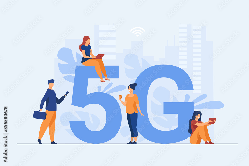 Poster 5g networks and telecom concept. people using digital devices. flat vector illustration for fast spe