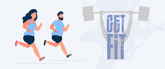 Fototapeta na wymiar Get ready banner. Fat woman and man are running. Cardio workout, weight loss. The concept of losing weight and a healthy lifestyle. Vector.