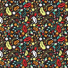 Naklejka premium Spring pattern. Flower garden. Floral seamless pattern. Seamless botanic texture. Detailed flowers illustrations. Beautiful pattern. Bright buds. Seamless vintage pattern. Rural pattern. Vintage.