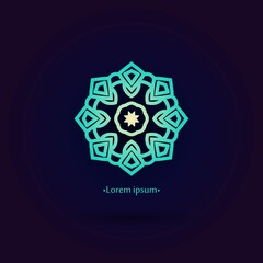 Bright, juicy beautiful circular logo for boutique, flower shop, business, interior. Company mark, emblem, element. Simple geometric mandala logotype. Kaleidoscope big bud. Surround abstract blossom.