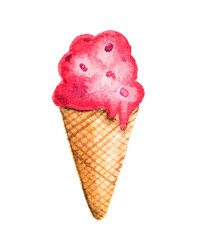 Red icecream cone strawberry or raspberry ice cream. Watercolor food