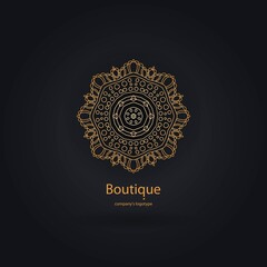 Luxury logotype in the shape of a flower for antique boutique. Gold logo, flower. Simple geometric sign. Icons, business, invitations. Volumetric golden big bud. Vintage. Islam, Arabic, Indian. Retro.