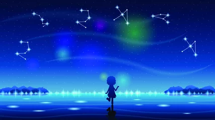 Behangcirkel Abstract Beauty Sky With Stars Cloud Sun And Silhouette Girl Nature Background Vector Fairy Radiance © Дмитрий