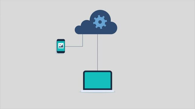 Cloud computing 2d animation. Cloud server and storage system connected with mobile, laptop, tablet concept. 4k explainer video clip.
