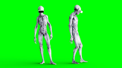 Alien isolate on green screen. UFO concept. Realistic 3d rendering.