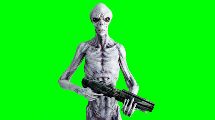 Alien isolate on green screen. UFO concept. Realistic 3d rendering.