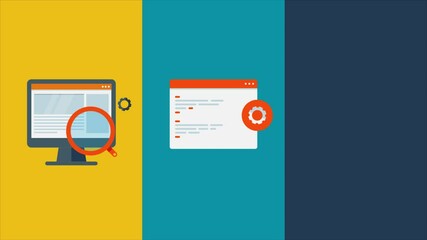 2d animation concept of SEO, website coding, optimization and web data analysis. 4k, video clip.