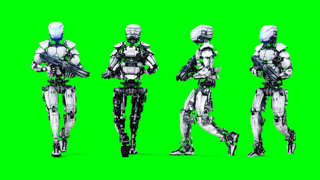 Futuristic robot isolate on green screen. Realistic 3d render.