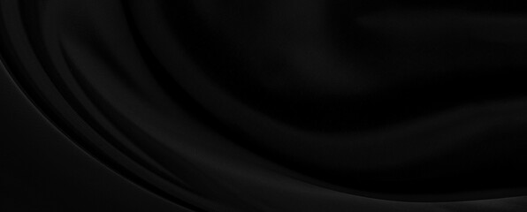 Black gray satin dark fabric texture luxurious shiny that is abstract silk cloth panorama background with patterns soft waves blur beautiful.