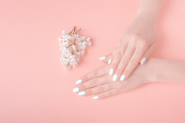 Obraz na płótnie Canvas manicure with flower lilac closeup isolated on pink background perfect shape hands spa salon