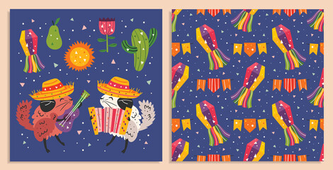 Mexico holiday. Little cute chinchillas in sombrero with accordion,  cactus, sun, pear and flags. Mexican party. Latin America. Flat colourful vector seamless pattern, background. Card making.
