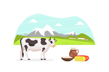 Summer Rural Mountain Landscape and Grazing Cow, Fresh Healthy Eco Agricultural Products Vector Illustration