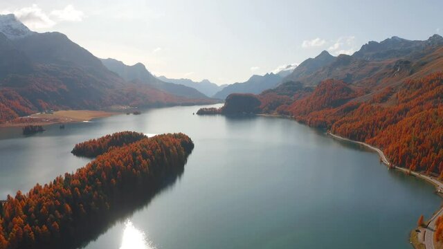 4k drone forward video (Ultra High Definition).  Beautiful morning view of Sils Lake (Silsersee). Wonderful autumn scene of Swiss Alps, Maloja Region, Upper Engadine, Switzerpand.
