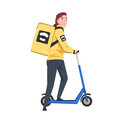 Male Courier Riding Electric Kick Scooter with Yellow Parcel Box on his Back, Food Delivery Service, Fast Shipping Cartoon Vector Illustration