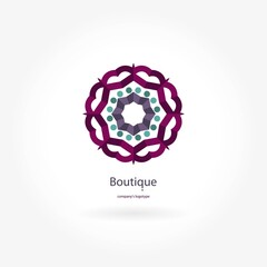 Beautiful circular logo for boutique, flower shop, business, interior. Company mark, emblem, element. Simple geometric mandala logotype. Kaleidoscope big bud. Surround abstract blossom in dark colors.