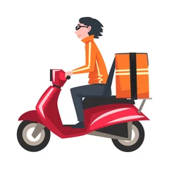 Foto op Plexiglas Male Courier Riding Scooter with Orange Parcel Box on the Back, Delivery of Goods and Products, Fast Shipping Cartoon Vector Illustration © topvectors