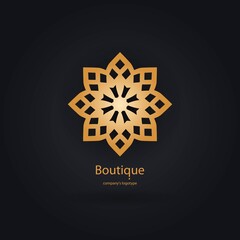 Luxury logotype in the shape of a flower for antique boutique. Gold logo, flower. Simple geometric sign. Icons, business, invitations. Volumetric golden big bud. Vintage. Islam, Arabic, Indian. Retro.