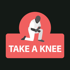 African american black man take a knee at protest against racism and police brutality. Peaceful quiet action. Sign symbol sticker protest against racial minorities. Vector flat illustration copy space