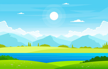 Fototapeta na wymiar Summer Lake Green Nature Field Land Sky Landscape Illustration