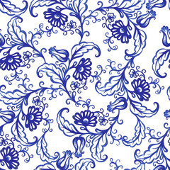 Blue floral watercolor texture pattern with flowers. 
