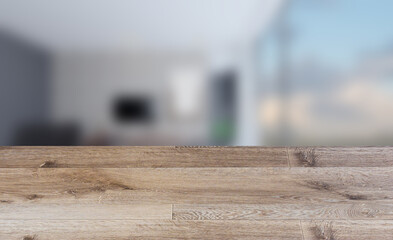 Empty interior with large window. Retro light bulb. The floor is of brown parquet.  3D rendering. wooden table. blurred background