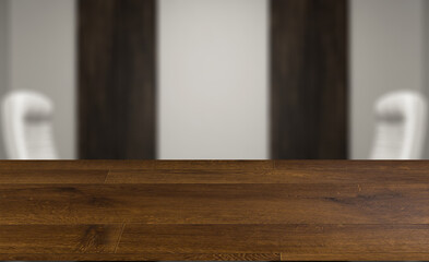 blurred interior on a wooden table background.office cabinet with wood paneling on the walls. meeting with company leaders.. 3D rendering.
