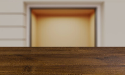 blurred interior on a wooden table background.Empty storefront. view from the daytime street.. 3D rendering