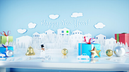 Fototapeta na wymiar Paper city on table. Happy new year and xmas concept. Snowman and presents. 3d rendering.
